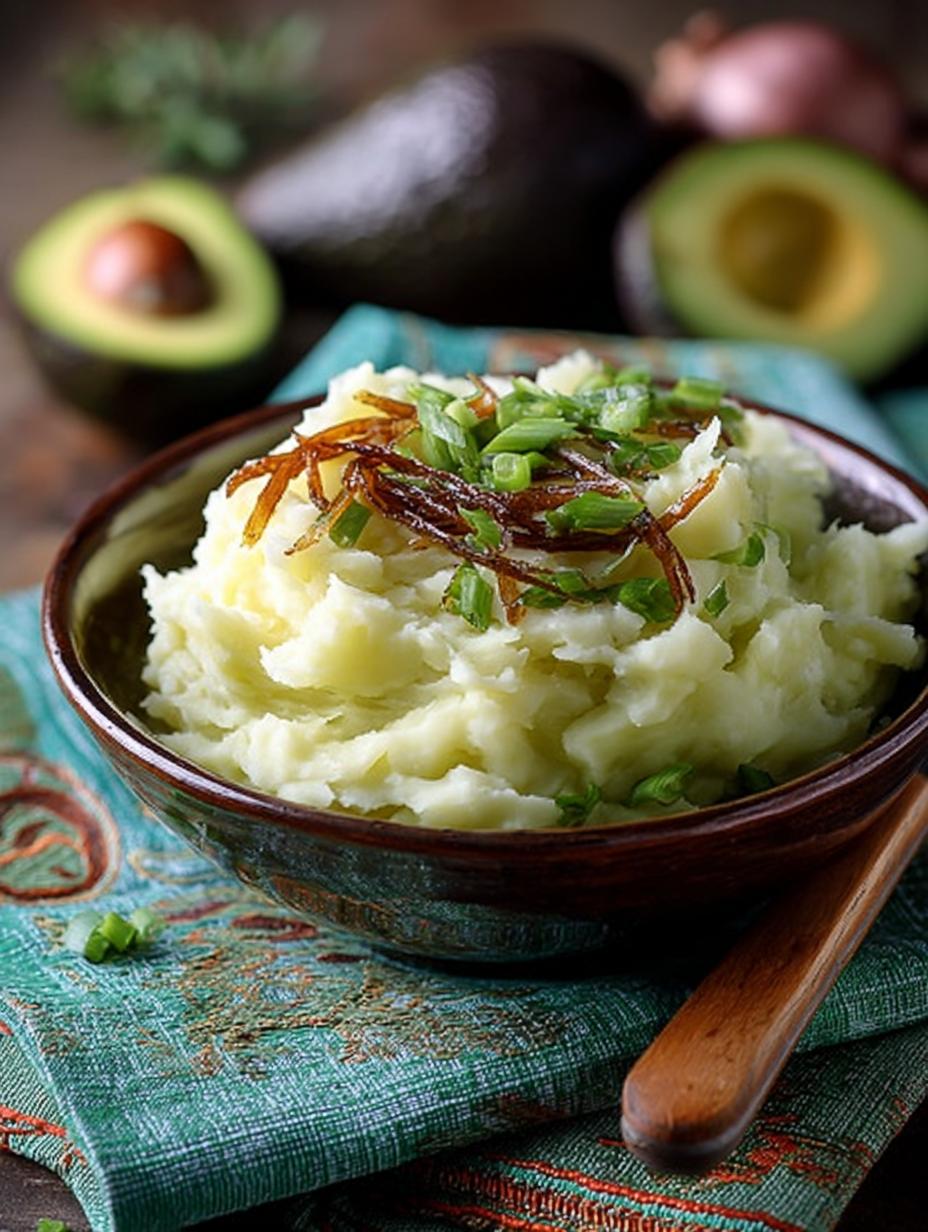 Creamy Avocado Mashed Potatoes with Caramelized Shallots - Creamy Avocado Mashed Potatoes - additional detail