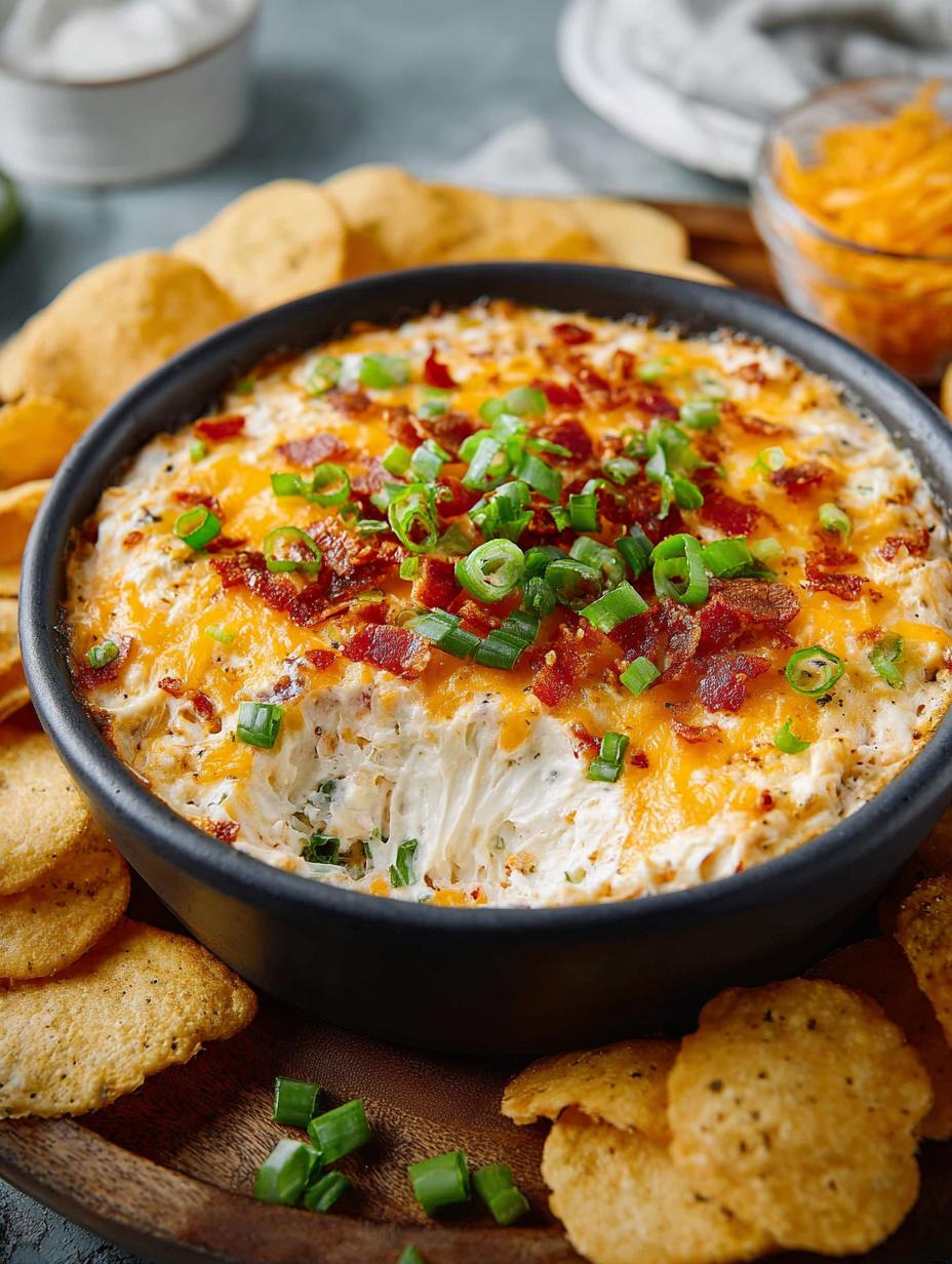 Irresistible Million Dollar Cheese Dip served in a bowl with toppings