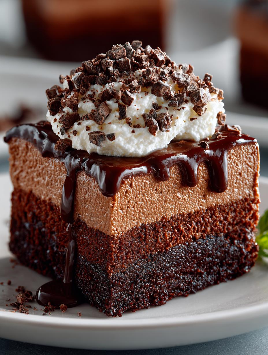 Decadent Chocolate Mousse Brownie served with whipped cream and berries